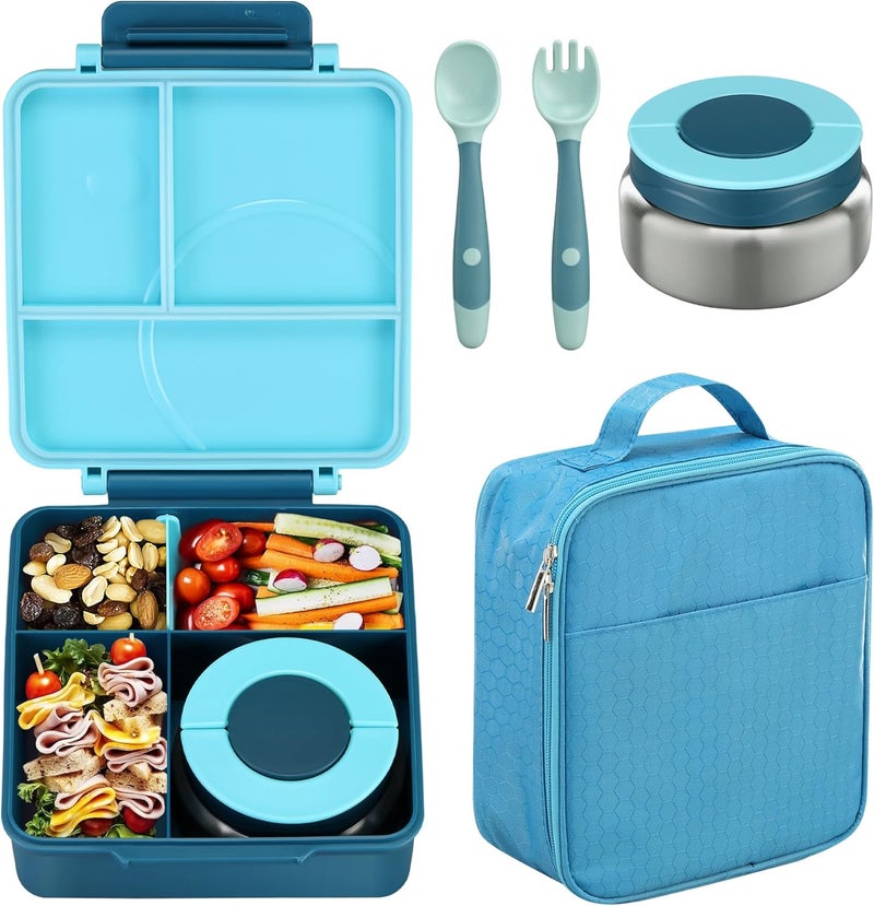 Howeemo Bento Lunch Box Set for Kids with 8oz Soup Thermo, Leak-Proof Lunch Containers with 4 Compartment, Kids Thermo Hot Food Jar and Insulated Lunch Bag for Kid to School-Blue - Image 1